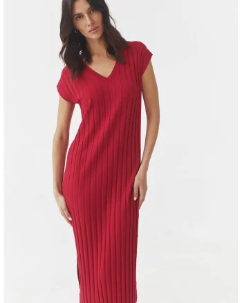 Rochie cu striatii si decolteu in V Liberty, Rosu inchis