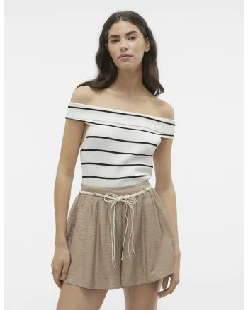 Tricou cu model in dungi si decolteu pe umeri, Alb/Negru