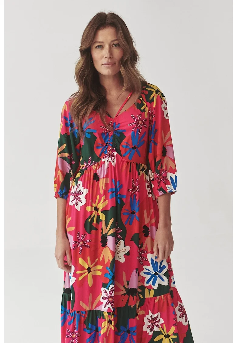 Rochie lunga cu model si decolteu in V, Verde/Roz aprins/Albastru royal