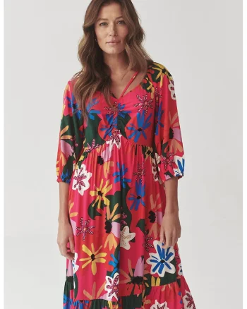 Rochie lunga cu model si decolteu in V, Verde/Roz aprins/Albastru royal