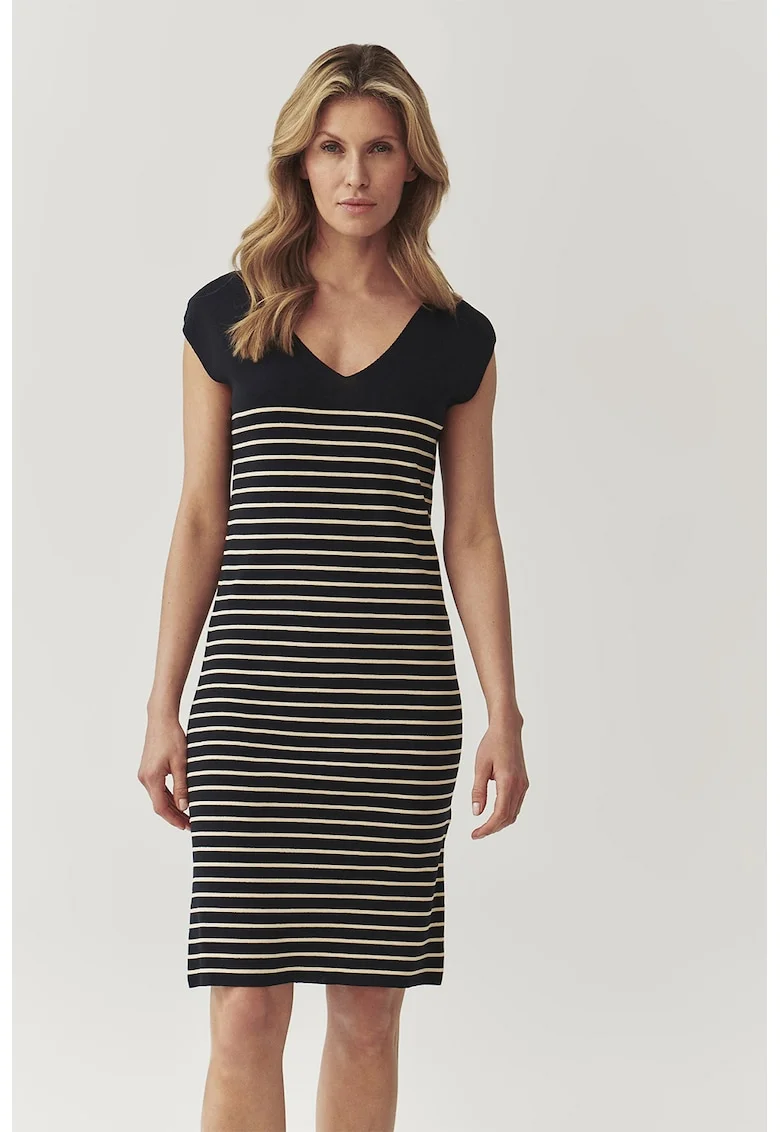 Rochie scurta cu model in dungi si decolteu in V, Alb fildes/Negru