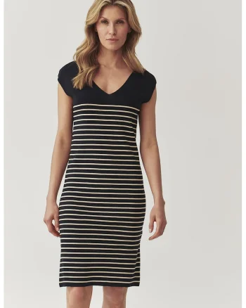 Rochie scurta cu model in dungi si decolteu in V, Alb fildes/Negru