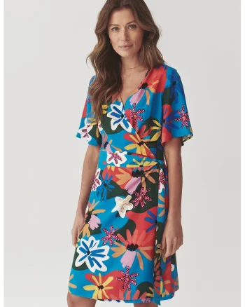 Rochie scurte petrecuta cu model, Galben sofran/Albastru royal/Rosu vermillion