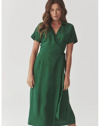 Rochie midi petrecuta din lyocell cu model uni, Verde englez