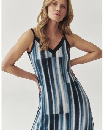Rochie lunga cu croiala dreapta, model si slit lateral, Alb/Albastru