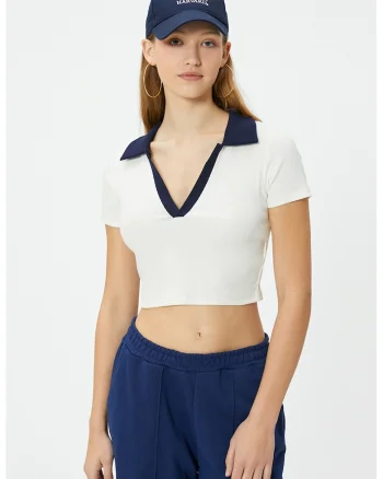 Tricou polo crop, Alb/Bleumarin
