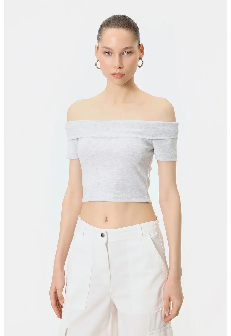 Tricou crop cu decolteu pe un umar, Gri deschis melange
