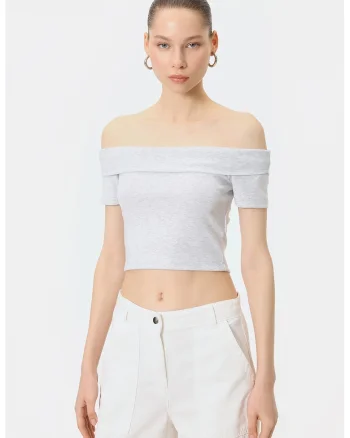 Tricou crop cu decolteu pe un umar, Gri deschis melange