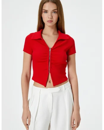 Tricou crop cu fermoar, Rosu