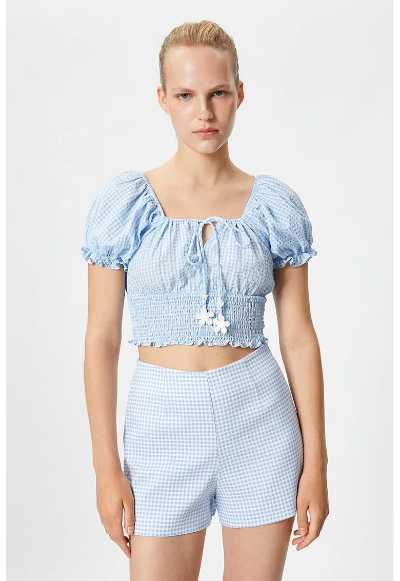 Bluza crop in carouri, Alb/Albastru pastel