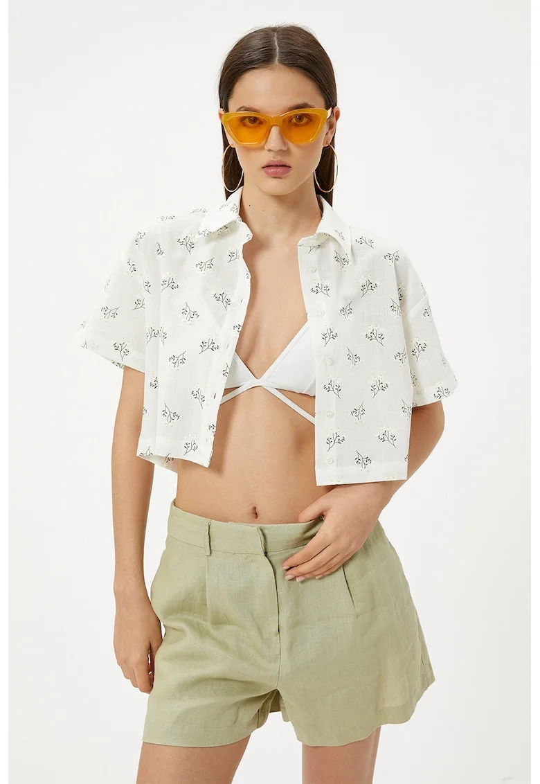 Camasa crop cu model si cu maneci scurte, Alb/Verde/Galben