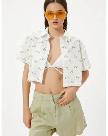 Camasa crop cu model si cu maneci scurte, Alb/Verde/Galben