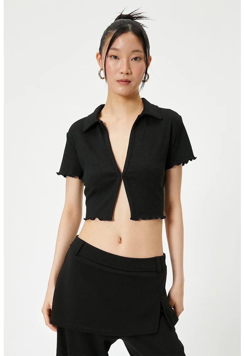 Tricou crop slim fit cu aspect striat, Negru