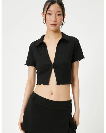 Tricou crop slim fit cu aspect striat, Negru
