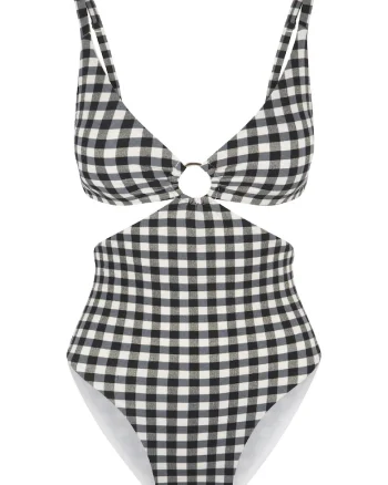 Costum de baie intreg cu model in carouri 31379, Alb/Negru