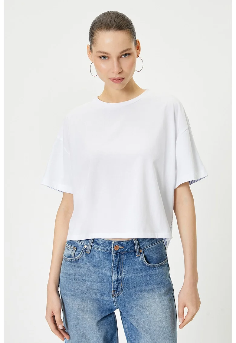 Tricou cu model in doua tonuri si decupaj pe partea din spate, Alb/Albastru lavanda