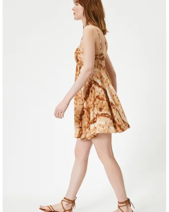 Rochie evazata din amestec de in, Maro scortisoara/Caramel/Alb murdar