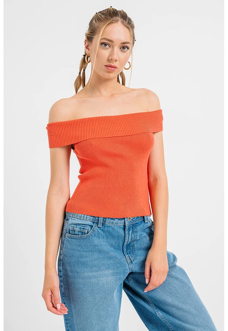 Tricou cu model in dungi si decolteu pe umeri, Portocaliu