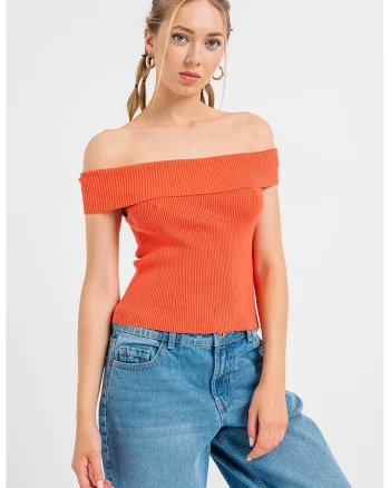Tricou cu model in dungi si decolteu pe umeri, Portocaliu
