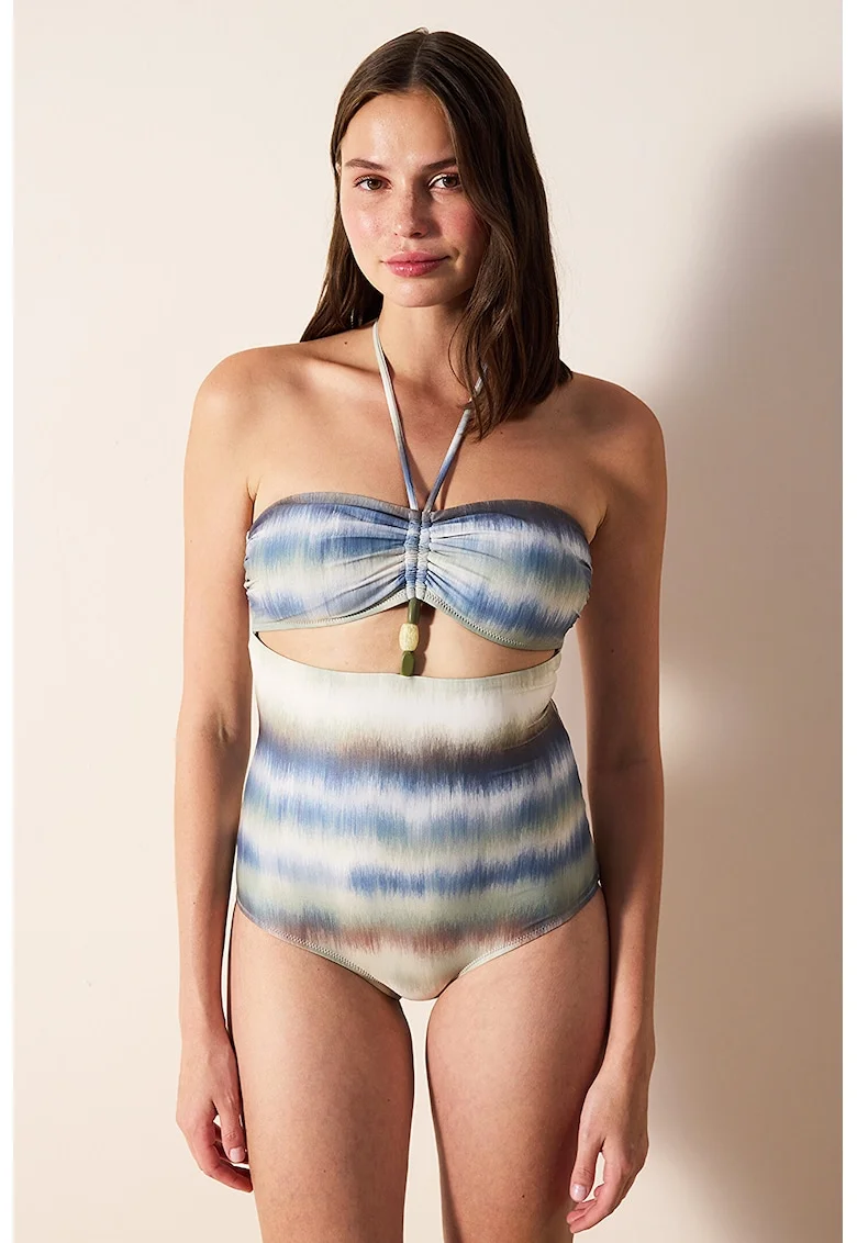 Costum halter de baie intreg, Albastru prafuit/Crem