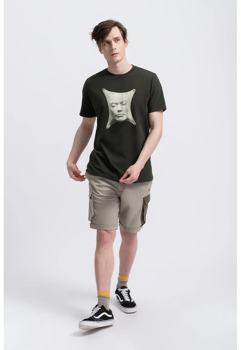 Tricou unisex cu imprimeu grafic, Kaki/Alb murdar
