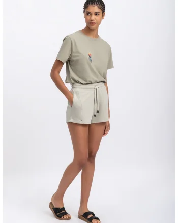 Pantaloni scurti cu talie inalta si snur, Crem