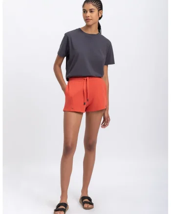 Pantaloni scurti cu talie inalta si snur, Coral