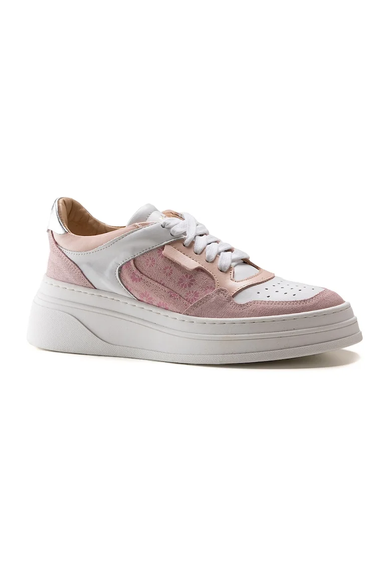 Pantofi sport de piele si piele intoarsa cu imprimeu, Alb/Bej/Roz