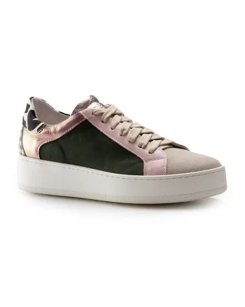 Pantofi sport din piele lacuita, Verde padure/Maro taupe/Roz