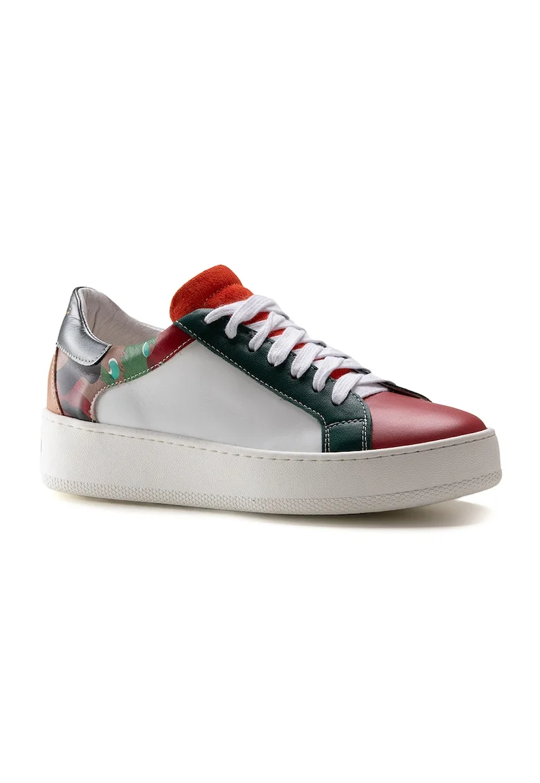 Pantofi sport colorblock de piele, Rosu/Alb/Verde inchis