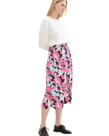 Fusta cu imprimeu floral si striatii, Alb fildes/Fucsia/Albastru