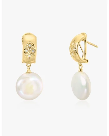 Cercei placati cu aur de 14K, decorati cu perle si zirconia, Alb/Auriu