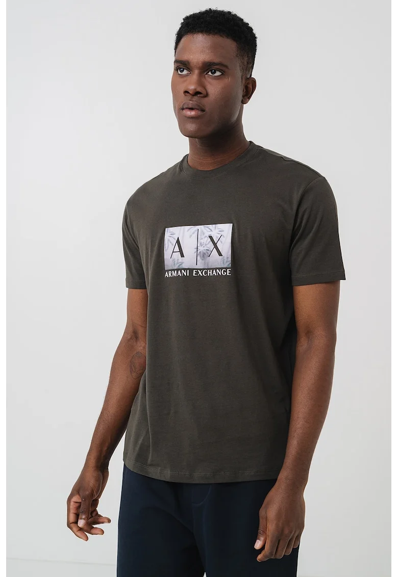 Tricou din bumbac cu imprimeu logo, Kaki inchis
