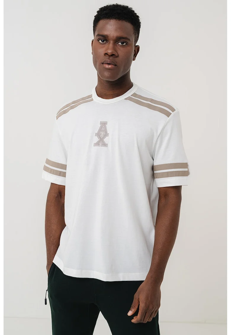 Tricou din bumbac cu dungi, Alb/Maro taupe