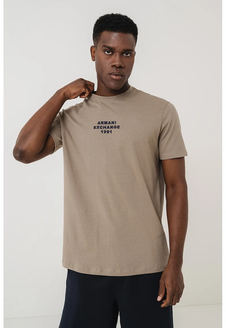 Tricou cu logo si decolteu la baza gatului, Maro deschis
