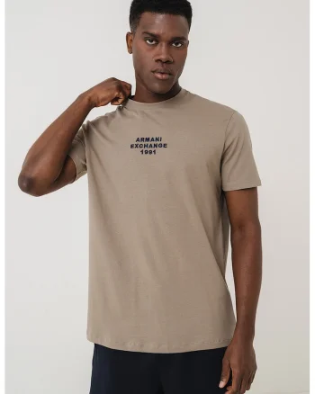 Tricou cu logo si decolteu la baza gatului, Maro deschis