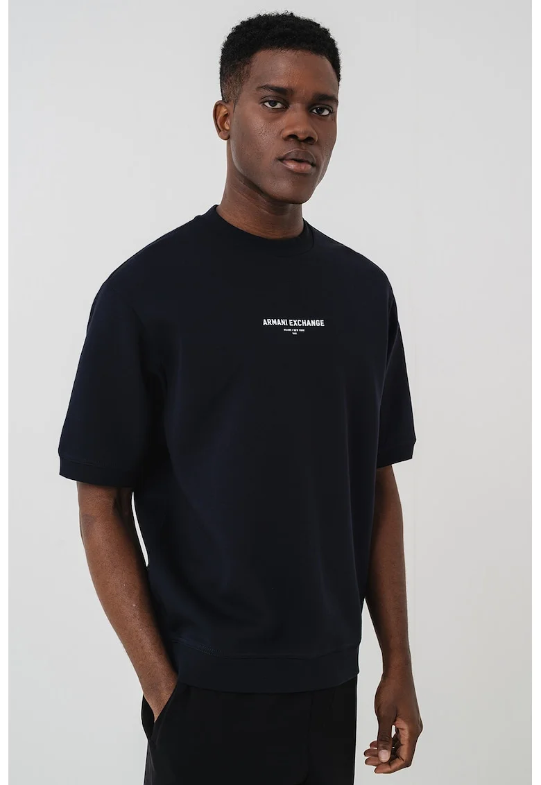 Tricou cu imprimeu logo si decolteu la baza gatului, Bleumarin