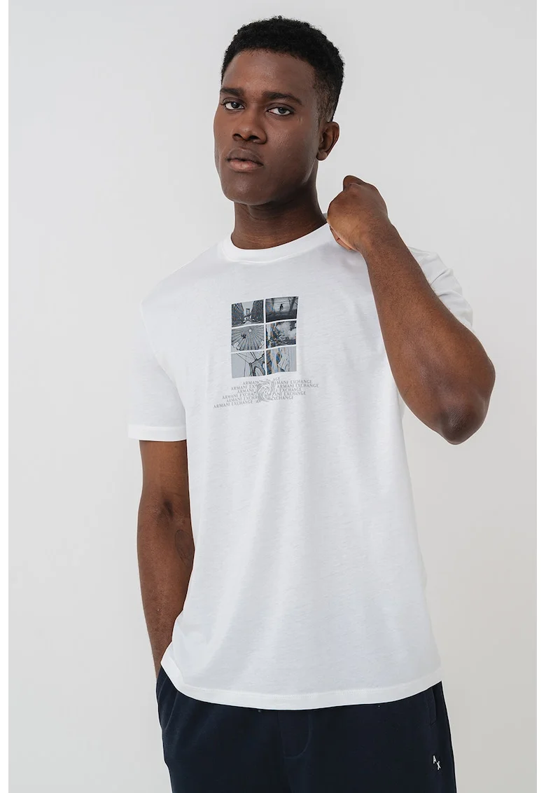 Tricou din bumbac cu imprimeu logo si foto, Alb murdar/Gri antracit