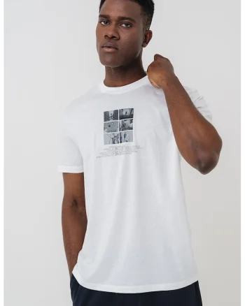 Tricou din bumbac cu imprimeu logo si foto, Alb murdar/Gri antracit