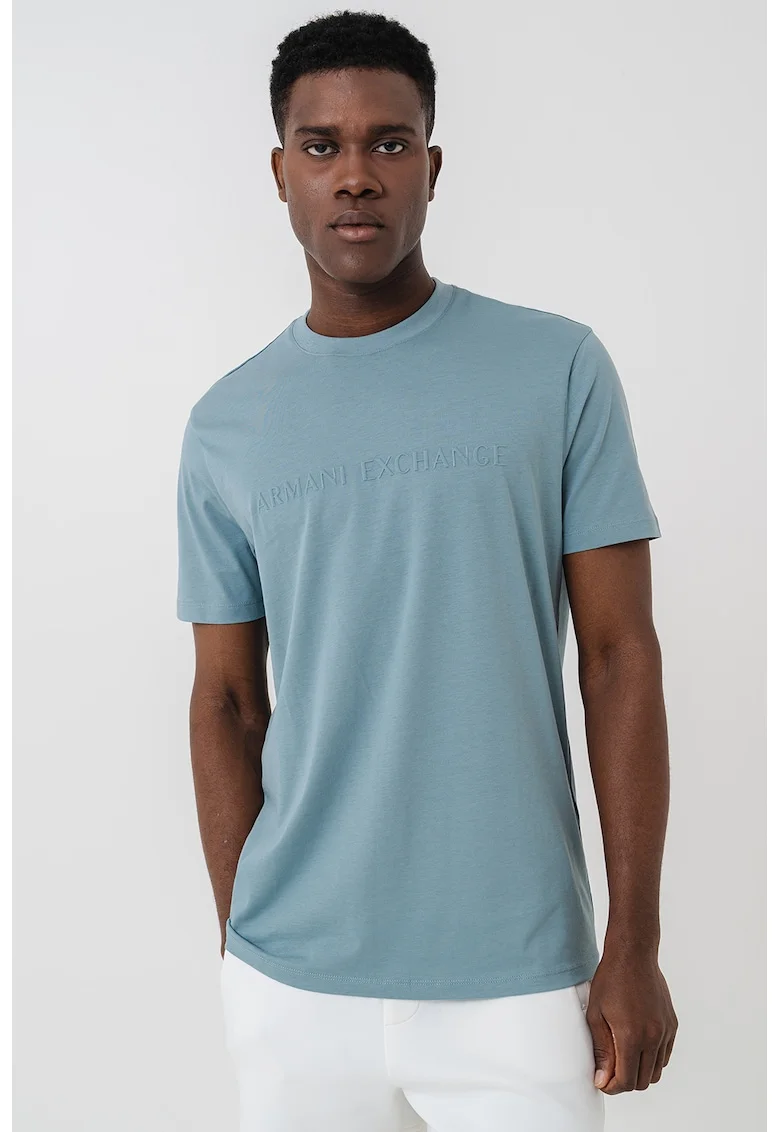 Tricou din bumbac cu logo in relief, Albastru prafuit