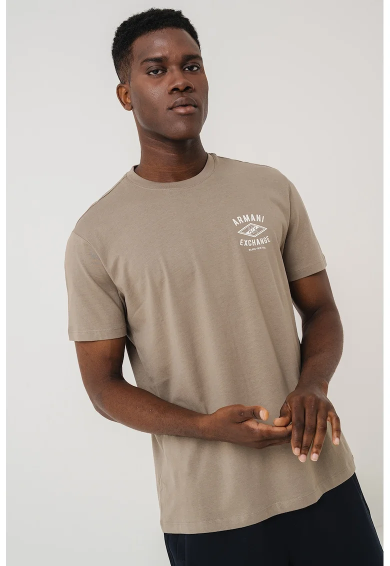 Tricou cu imprimeu logo si decolteu la baza gatului, Maro taupe
