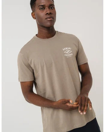 Tricou cu imprimeu logo si decolteu la baza gatului, Maro taupe