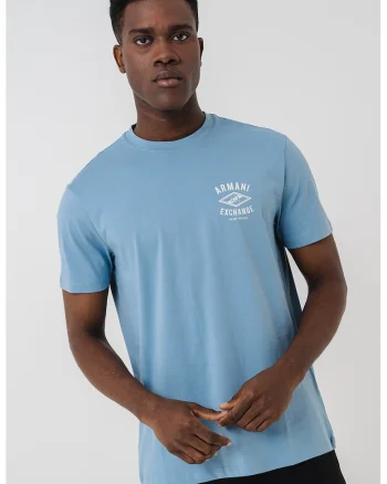 Tricou cu imprimeu logo si decolteu la baza gatului, Albastru pastel