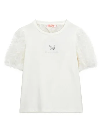 Tricou din amestec de bumbac cu decolteu la baza gatului, Alb fildes