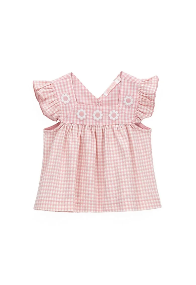 Rochie cu model in carouri si detalii cu flori, Alb/Roz prafuit