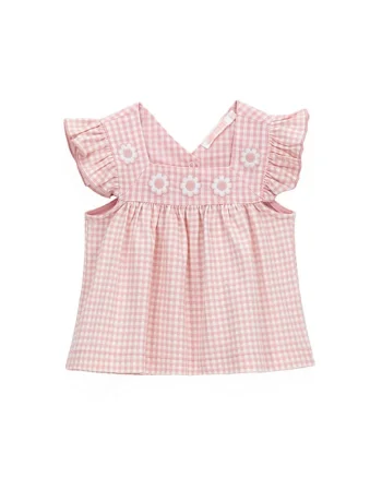 Rochie cu model in carouri si detalii cu flori, Alb/Roz prafuit