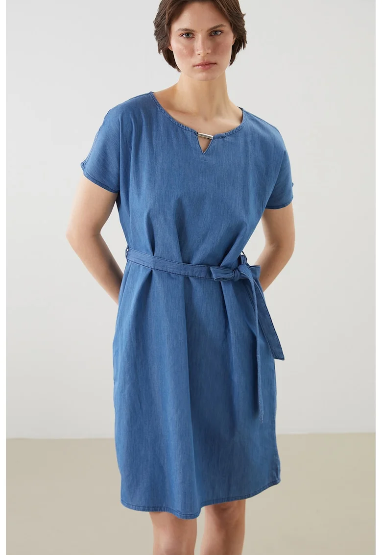 Rochie mini din denim cu cordon in talie, Albastru inchis