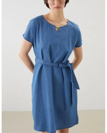 Rochie mini din denim cu cordon in talie, Albastru inchis