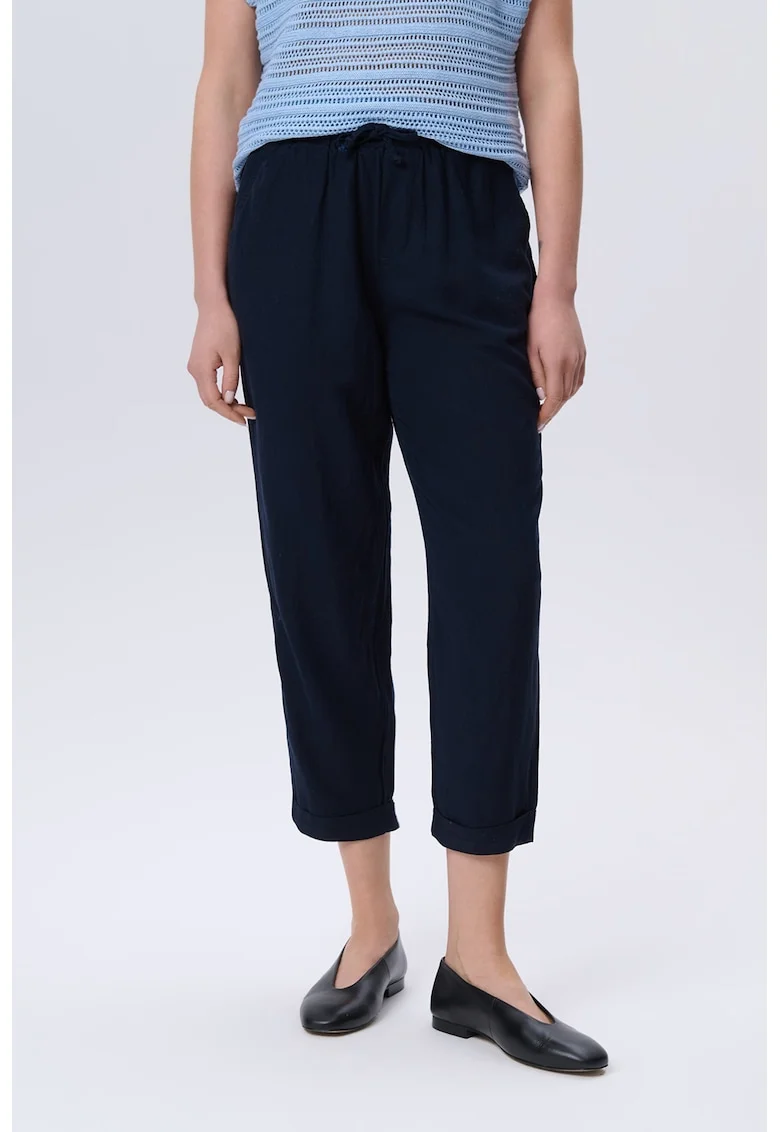 Pantaloni crop din amestec de in cu snur, Albastru ultramarin