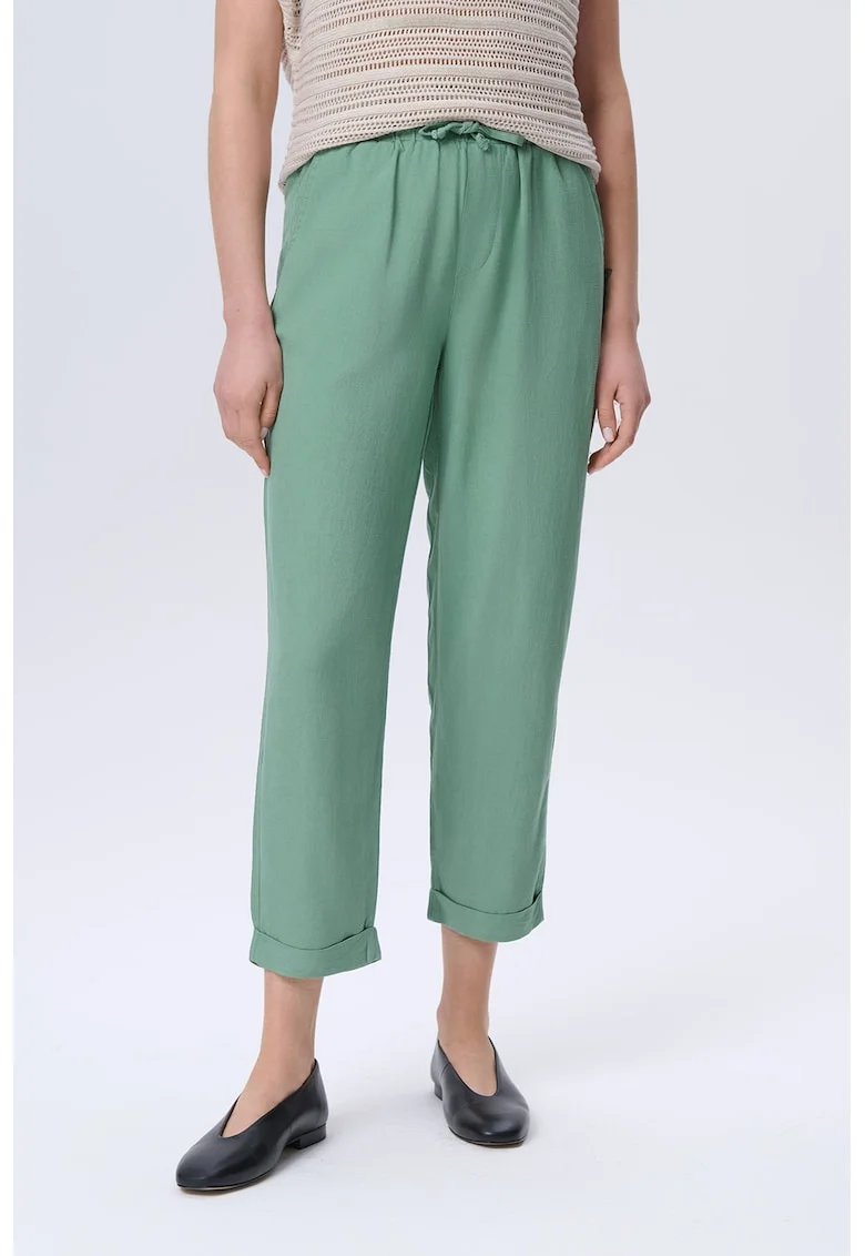 Pantaloni crop din amestec de in cu snur, Verde aquamarin